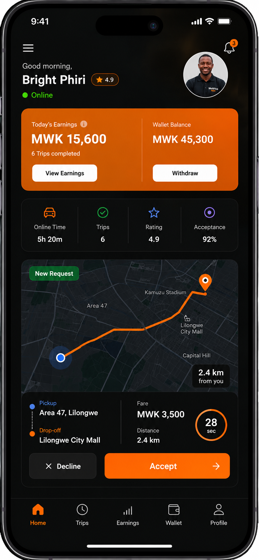 Driver app online toggle screen