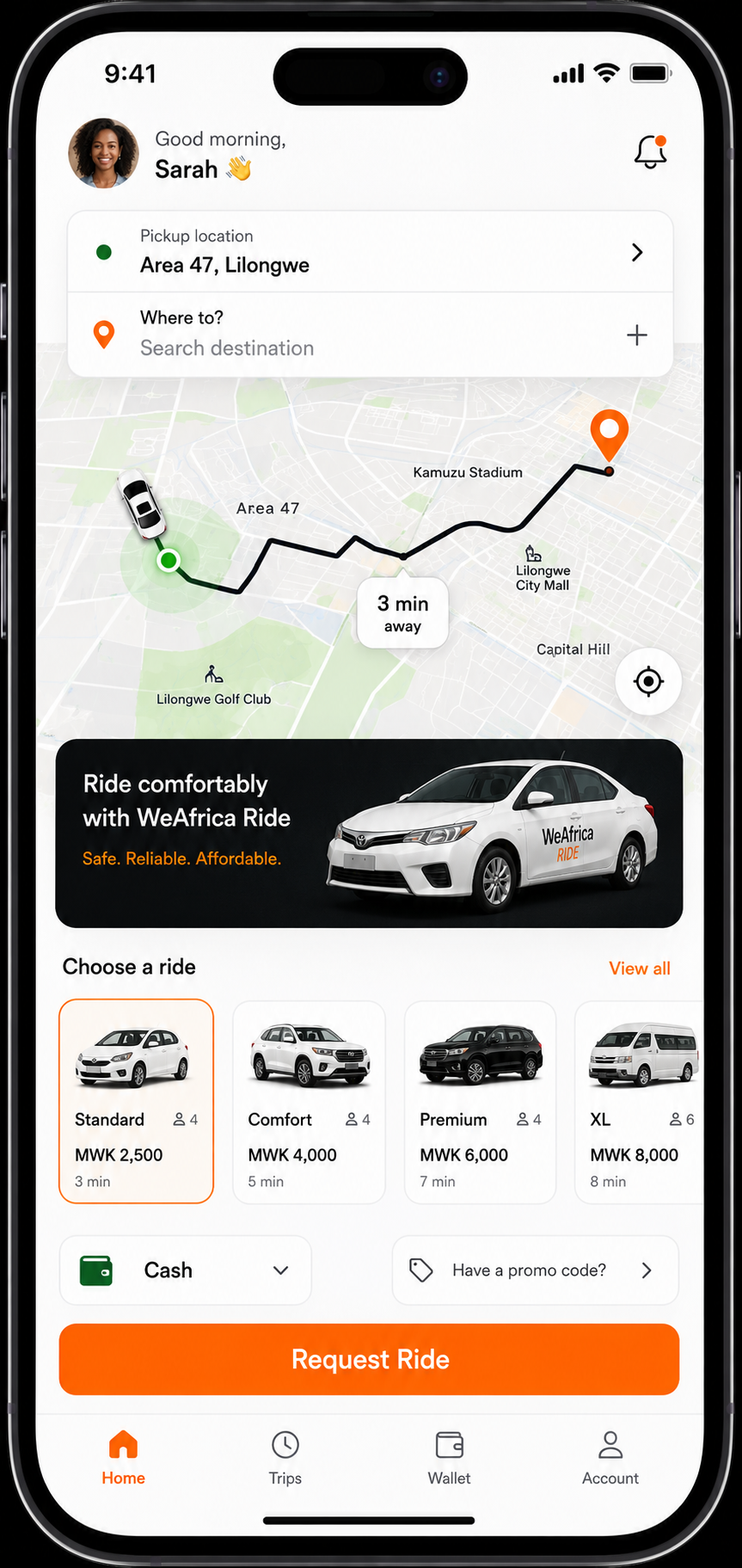 Rider app pickup and dropoff screen